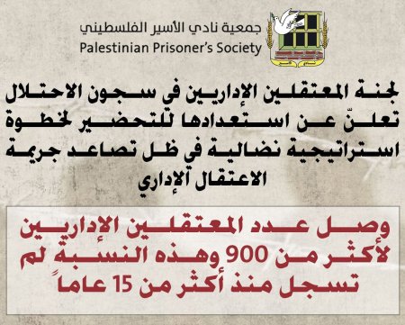لجنة المعتقلين الإداريين في سجون الاحتلال تعلن عن استعدادها للتحضير لخطوة استراتيجية نضالية في ظل تصاعد جريمة الاعتقال الإداري