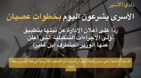 الأسرى يشرعون اليوم بخطوات عصيان ردًا على أعلان الإدارة عن نيتها بتطبيق أولى الإجراءات التنكيلية التي أعلن عنها الوزير المتطرف (بن غفير)
