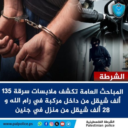 كشف ملابسات سرقة مبلغ 135 ألف شيقل من داخل مركبة في رام الله، و 28 ألف شيقل من داخل منزل في جنين