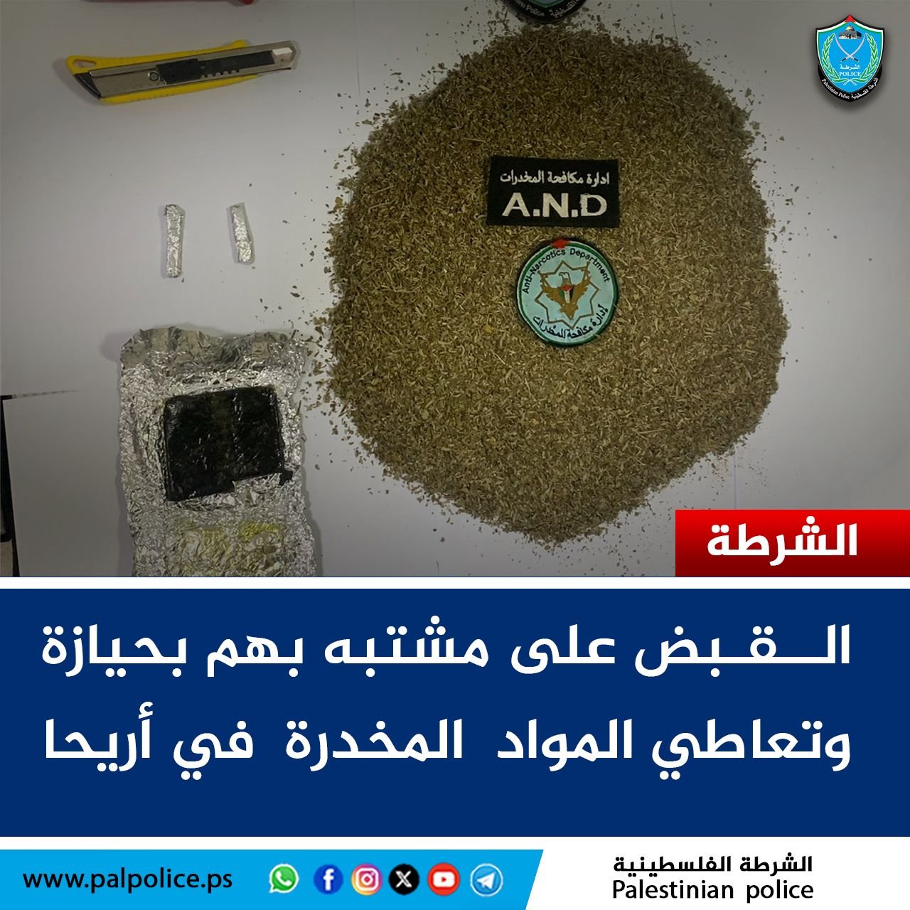 القبض على مشتبه بهما بحيازة مواد مخدرة في محافظة أريحا