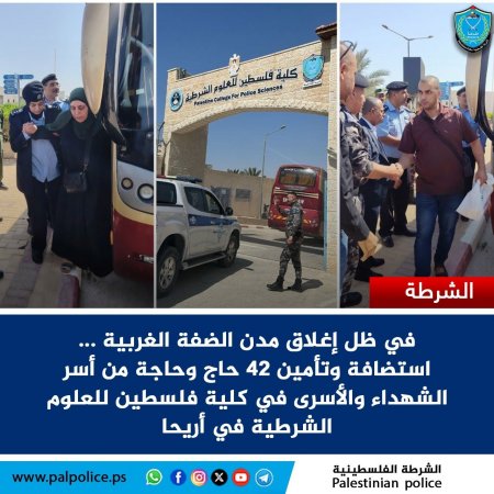 في ظل إغلاق مدن الضفة الغربية .. الشرطة تستضيف وتؤمن 42 حاجا وحاجة من أسر الشهداء والأسرى في أريحا