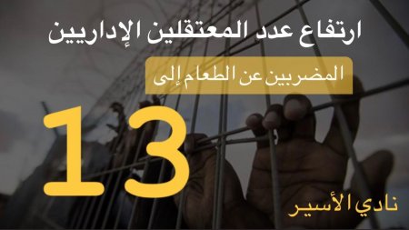 نادي الأسير: ارتفاع عدد المعتقلين الإداريين المضربين عن الطعام إلى 13
