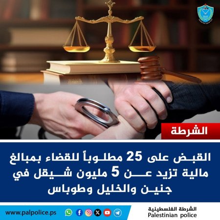 القبض على 25 مطلوباً للقضاء في جنين والخليل وطوباس