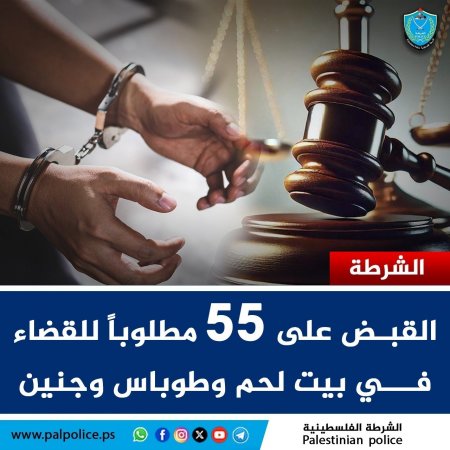 القبض على ٥٥ مطلوباً للقضاء في جنين وطوباس وبيت لحم 