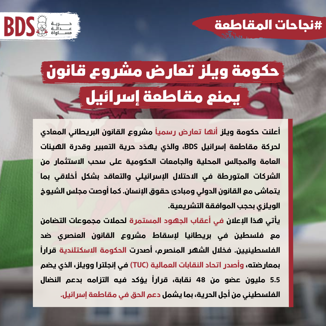 حكومة ويلز تعارض مشروع قانون يمنع مقاطعة إسرائيل