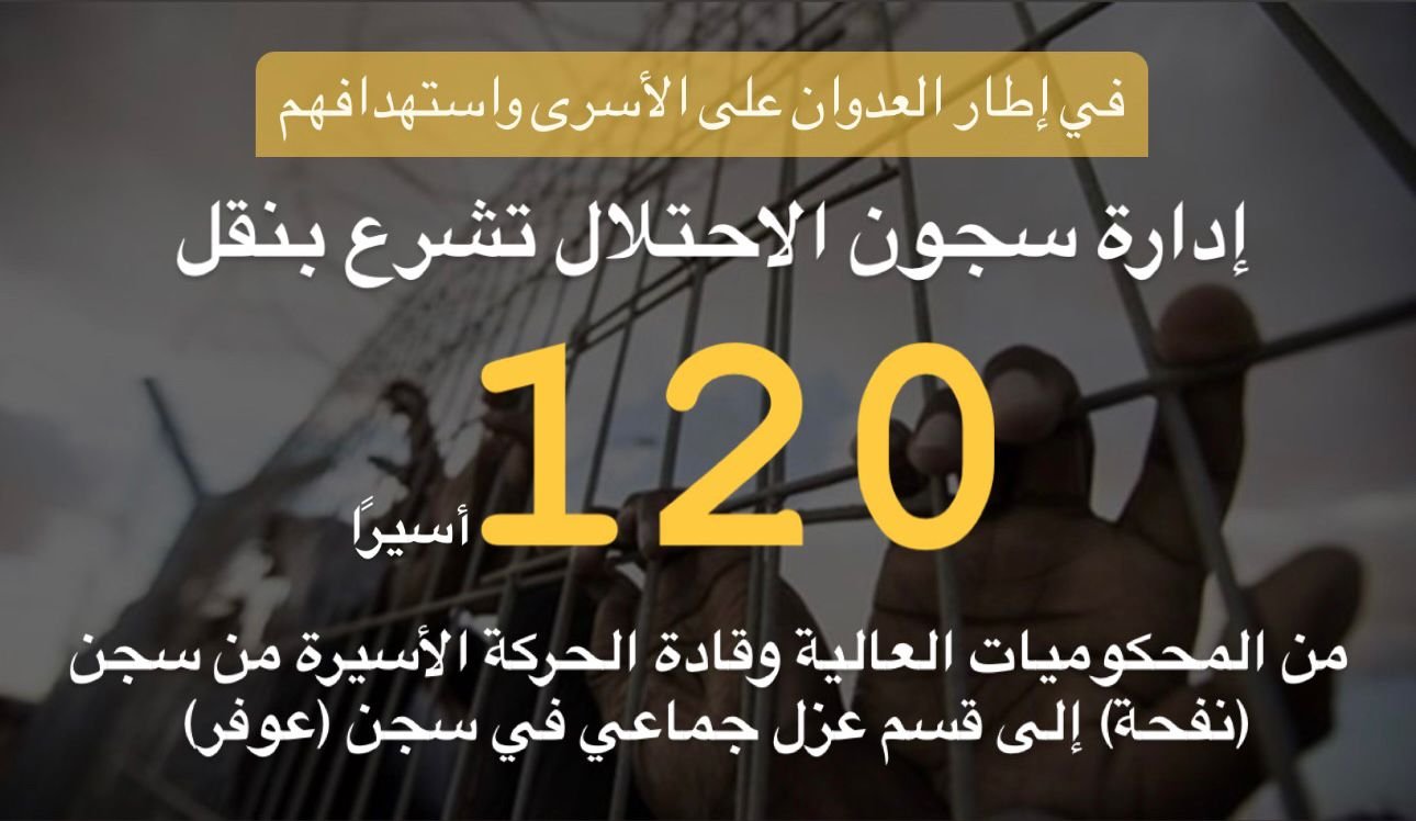 إدارة سجون الاحتلال تشرع بنقل 120 أسيرًا من المحكوميات العالية وقادة الحركة الأسيرة من سجن (نفحة) إلى قسم عزل جماعي في سجن (عوفر)