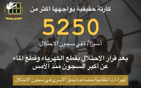 نادي الأسير: كارثة حقيقية يواجهها أكثر من 5250 أسيرًا/ ة في سجون الاحتلال بعد قرار الاحتلال بقطع الكهرباء وقطع الماء عن أكبر السجون منذ الأمس
