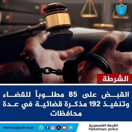 القبض على 85 مطلوباً للقضاء وتنفيذ 192 مذكرة قضائية في عدة محافظات
