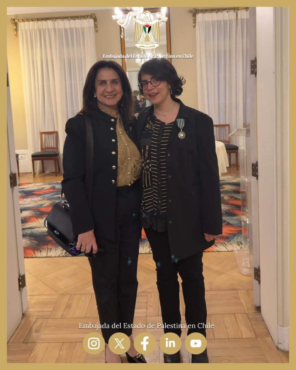 سفيرة دولة فلسطين لدى جمهورية تشيلي تشارك في مراسم تقليد الكاتبة التشيلية من أصول فلسطينية عالية ترابوكو زيران وسام الفنون والآداب الفرنسي
