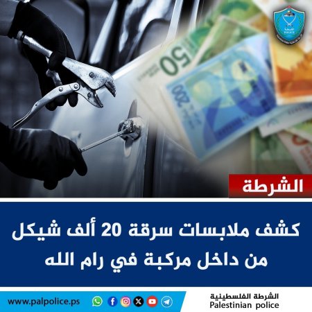 كشف ملابسات قضية سرقة مبلغ مالي يقدّر بـ(20,000) شيكل من داخل مركبة أحد المواطنين في محافظة رام الله